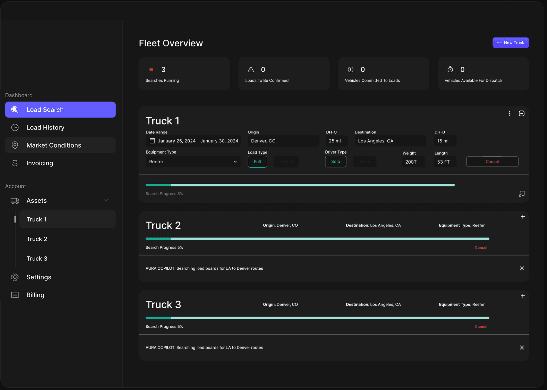 Aura Dispatch fleet overview: three trucks with load searches running